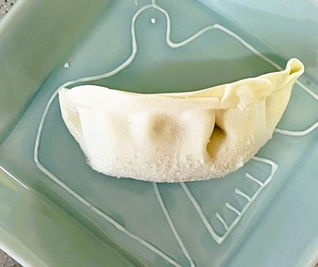 コストコ餃子計画の冷凍餃子1つ分。よくある餃子の大きさ。シンプルな味でアレンジしやすい。