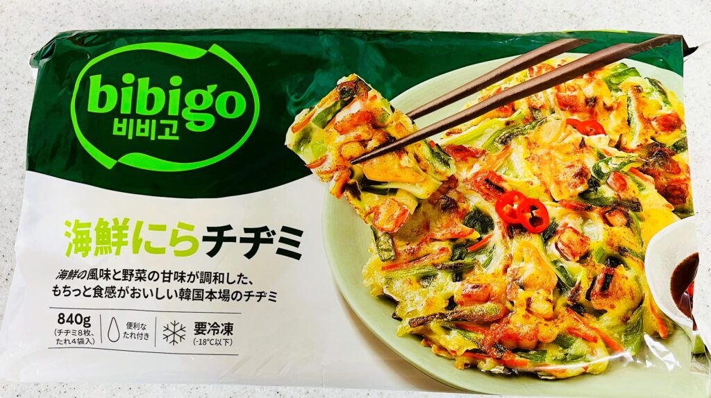コストコ冷凍チヂミのパッケージ表。bibigo製840g入りの記載あり
